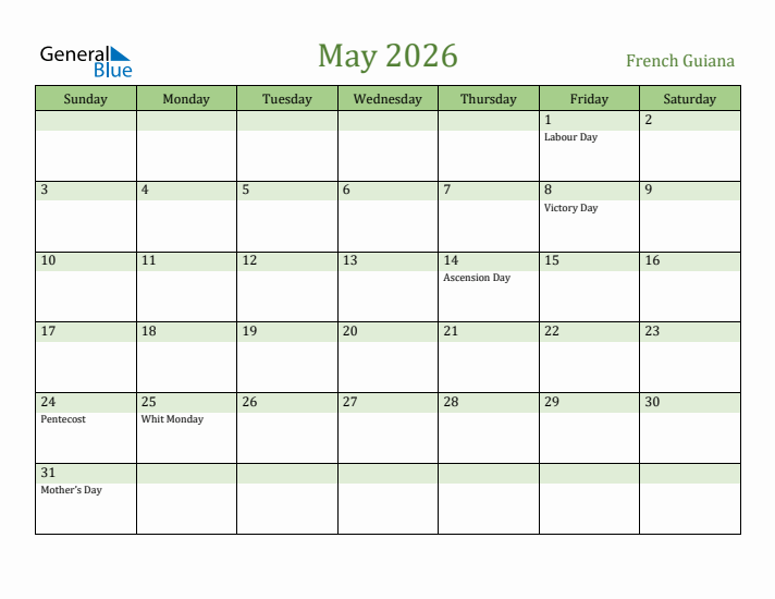 May 2026 Calendar with French Guiana Holidays