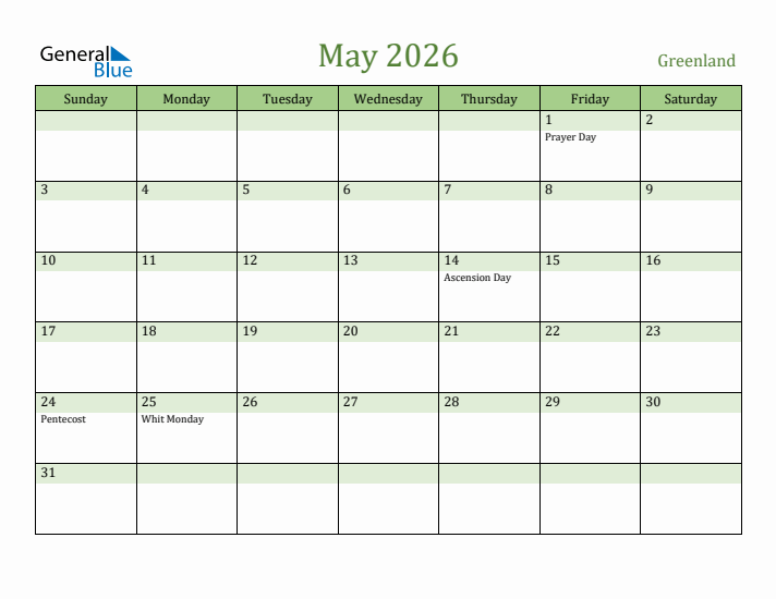 May 2026 Calendar with Greenland Holidays