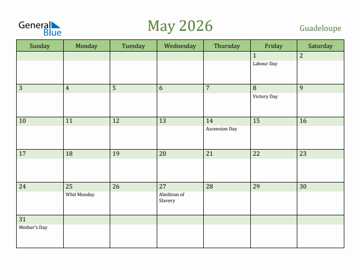 May 2026 Calendar with Guadeloupe Holidays