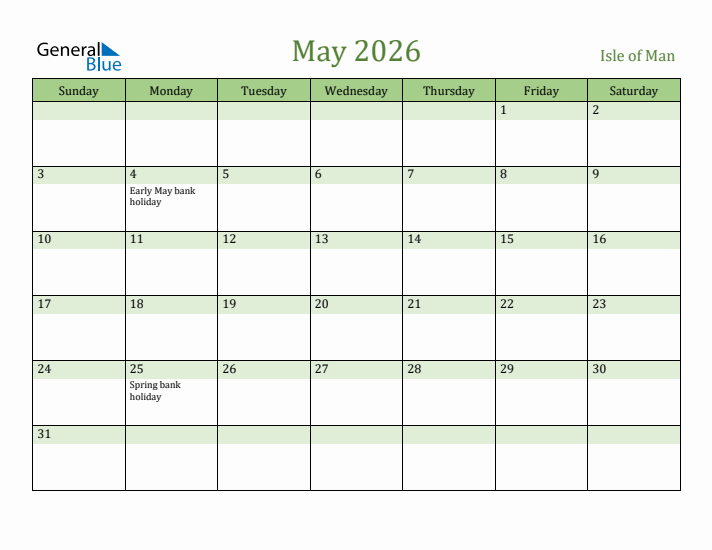 May 2026 Calendar with Isle of Man Holidays