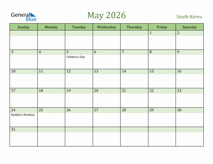 May 2026 Calendar with South Korea Holidays