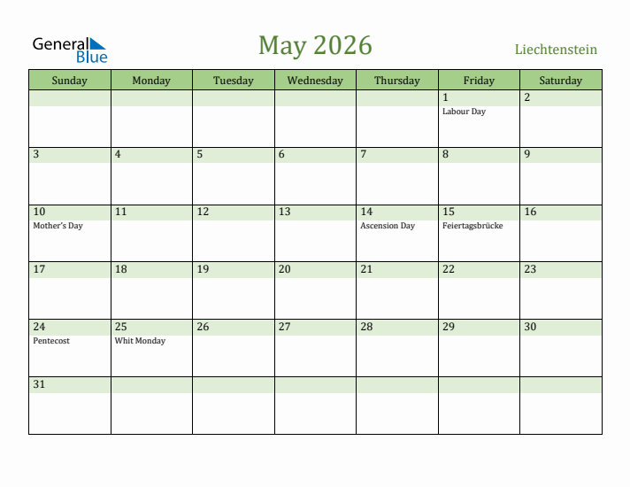 May 2026 Calendar with Liechtenstein Holidays