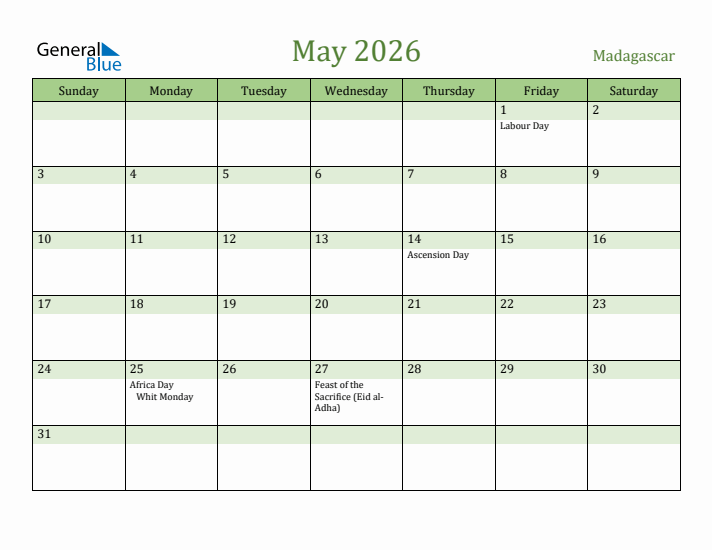 May 2026 Calendar with Madagascar Holidays