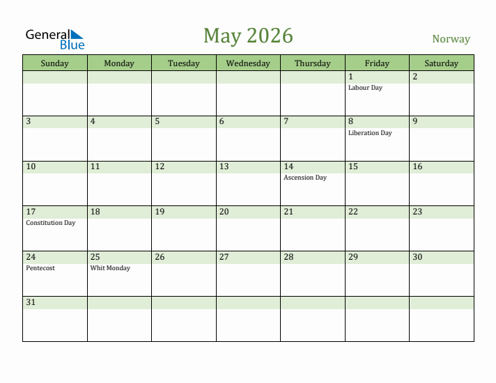 May 2026 Calendar with Norway Holidays