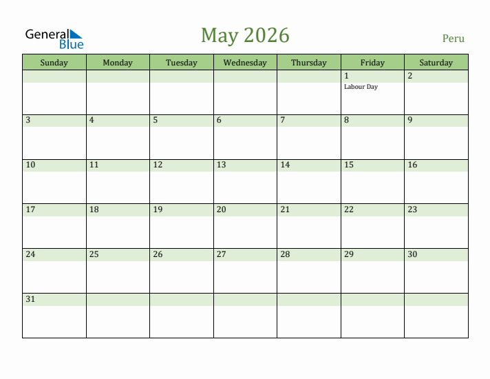 May 2026 Calendar with Peru Holidays