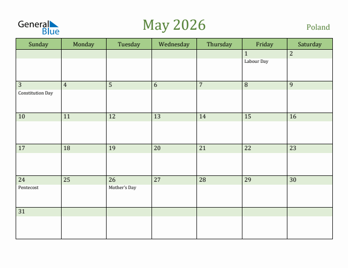 May 2026 Calendar with Poland Holidays