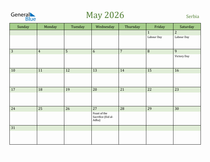 May 2026 Calendar with Serbia Holidays