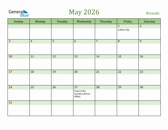 May 2026 Calendar with Rwanda Holidays