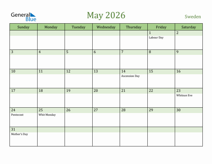 May 2026 Calendar with Sweden Holidays