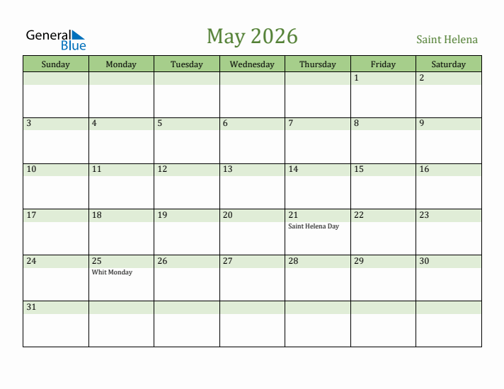 May 2026 Calendar with Saint Helena Holidays