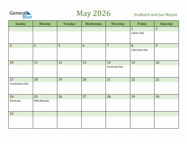 May 2026 Calendar with Svalbard and Jan Mayen Holidays
