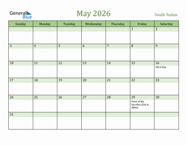 May 2026 Calendar with South Sudan Holidays