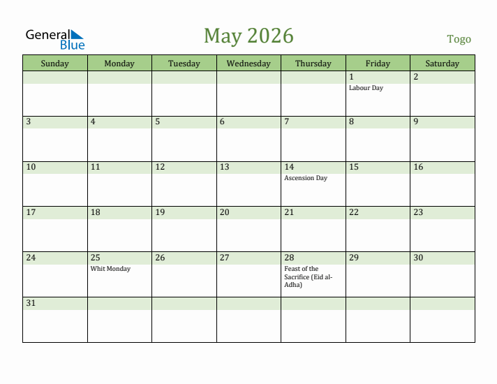 May 2026 Calendar with Togo Holidays