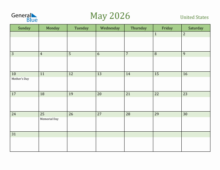 May 2026 Calendar with United States Holidays