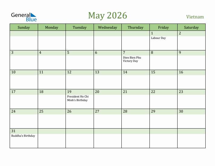 May 2026 Calendar with Vietnam Holidays