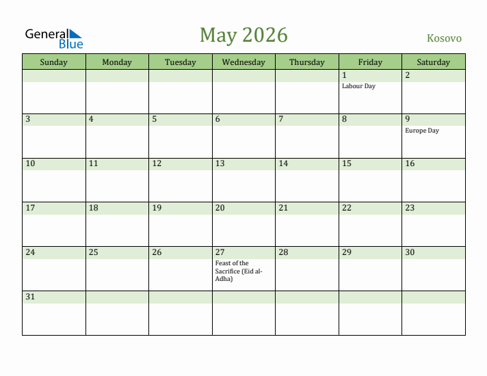 May 2026 Calendar with Kosovo Holidays