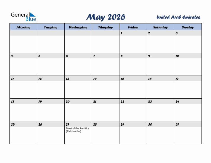 May 2026 Calendar with Holidays in United Arab Emirates