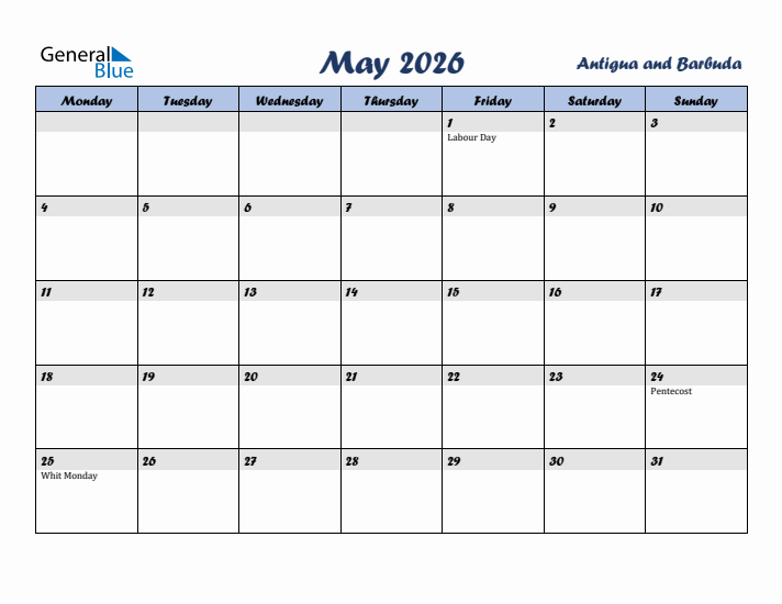 May 2026 Calendar with Holidays in Antigua and Barbuda