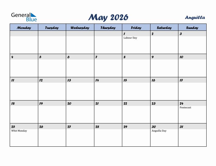 May 2026 Calendar with Holidays in Anguilla