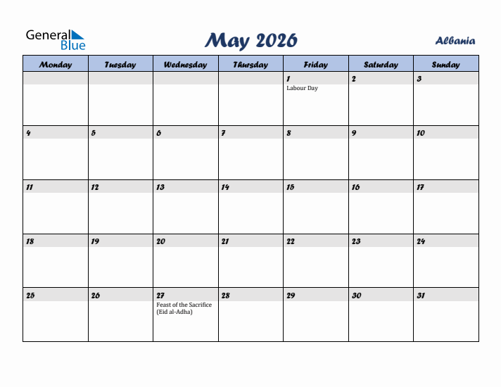 May 2026 Calendar with Holidays in Albania