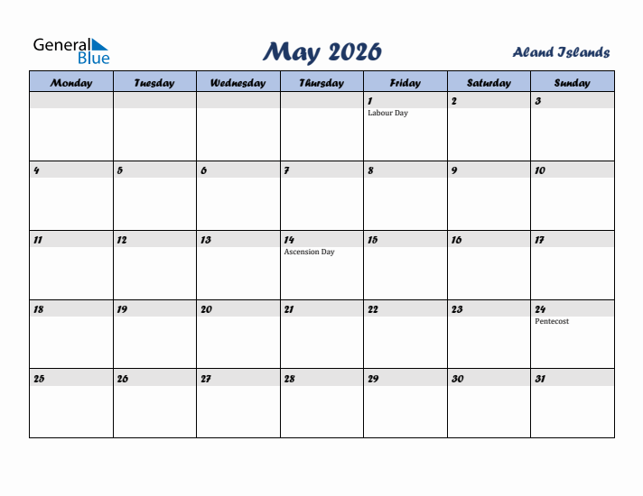 May 2026 Calendar with Holidays in Aland Islands