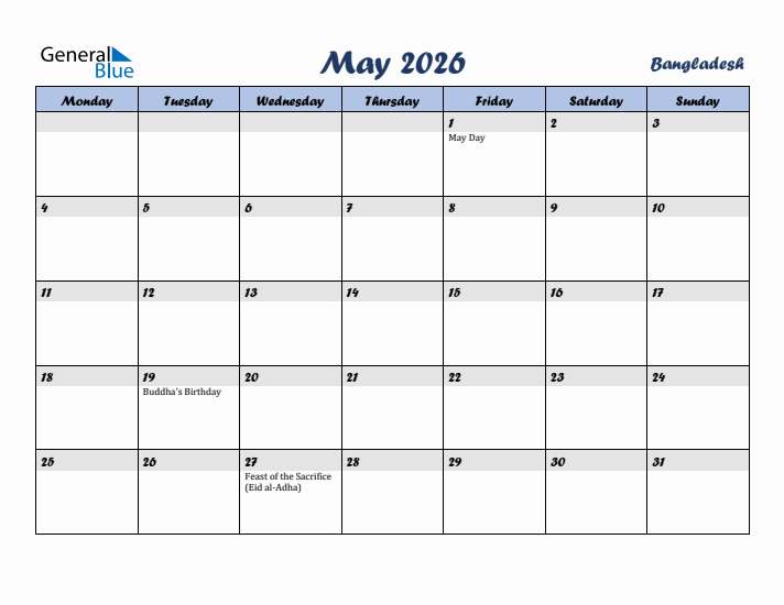 May 2026 Calendar with Holidays in Bangladesh