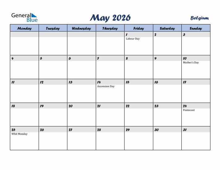 May 2026 Calendar with Holidays in Belgium