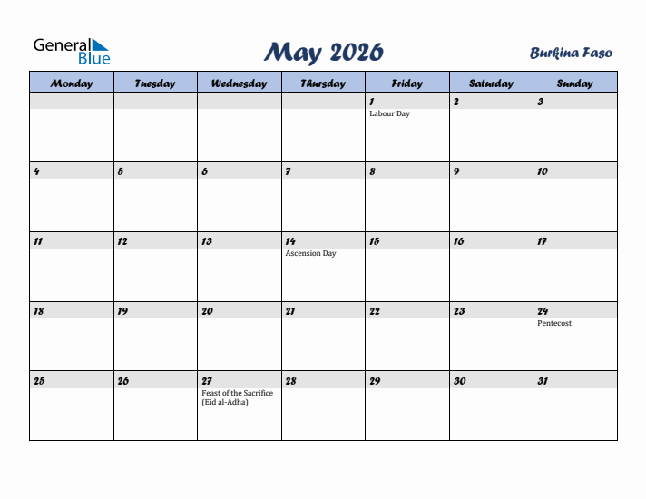 May 2026 Calendar with Holidays in Burkina Faso