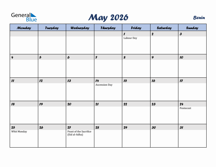 May 2026 Calendar with Holidays in Benin