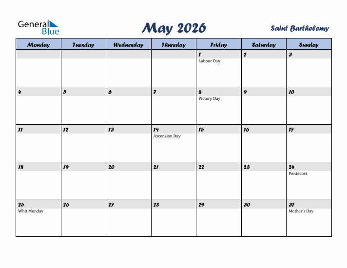 May 2026 Calendar with Holidays in Saint Barthelemy