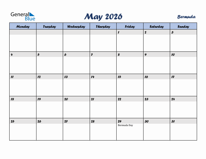 May 2026 Calendar with Holidays in Bermuda