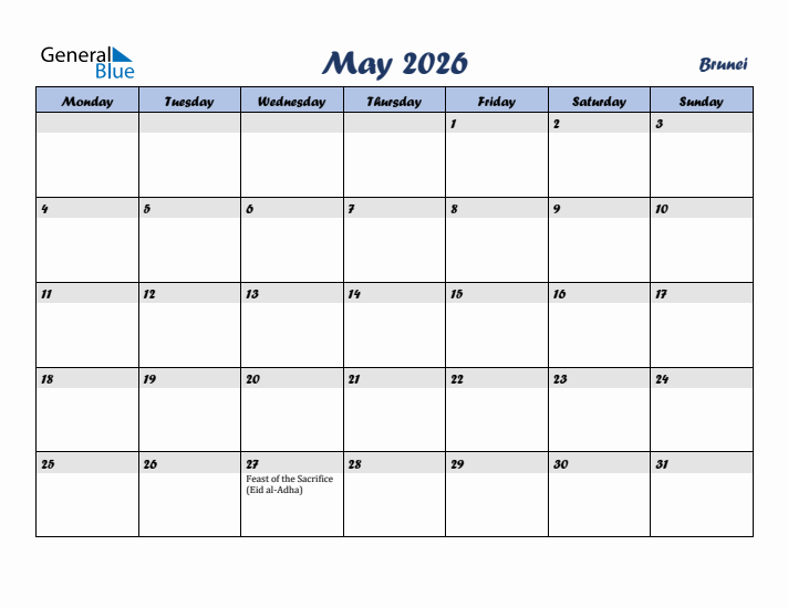 May 2026 Calendar with Holidays in Brunei