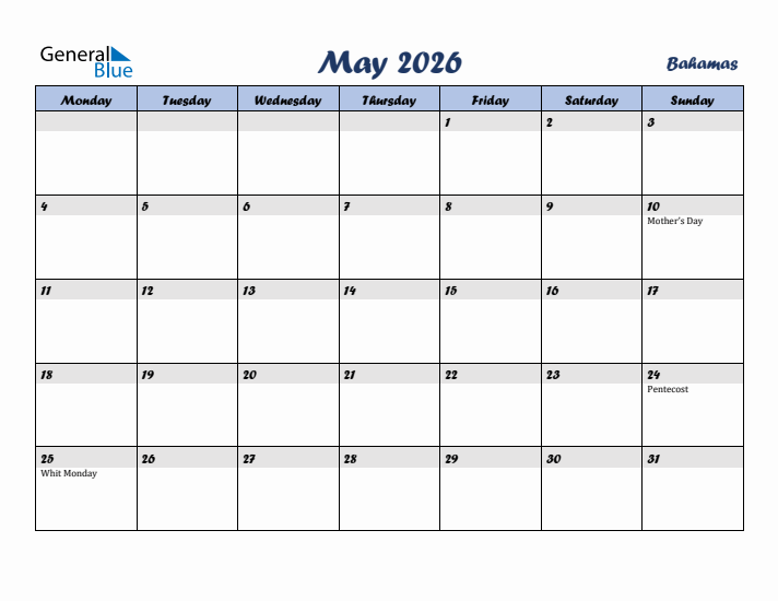 May 2026 Calendar with Holidays in Bahamas