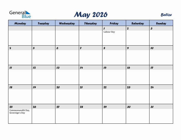 May 2026 Calendar with Holidays in Belize