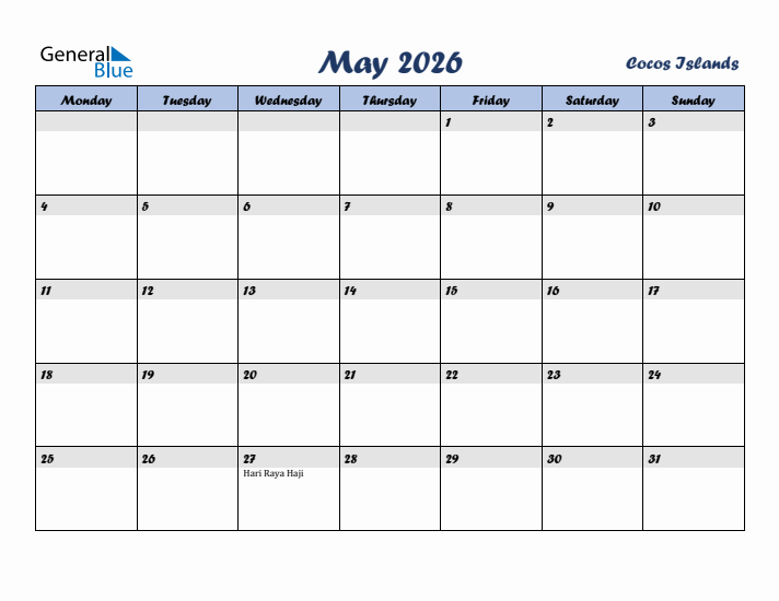 May 2026 Calendar with Holidays in Cocos Islands