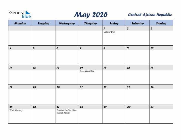 May 2026 Calendar with Holidays in Central African Republic