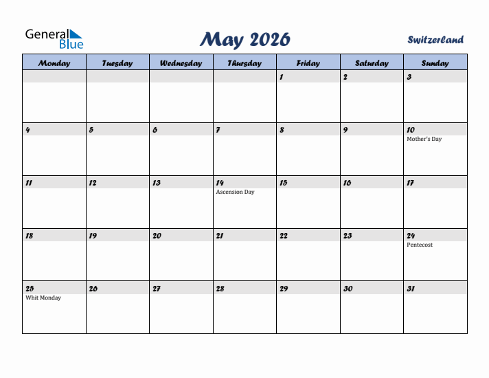 May 2026 Calendar with Holidays in Switzerland
