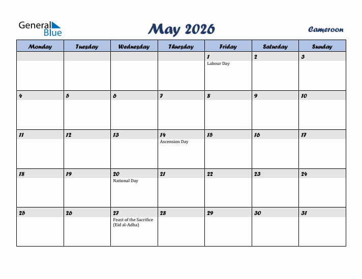 May 2026 Calendar with Holidays in Cameroon