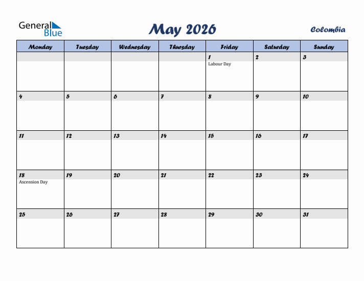 May 2026 Calendar with Holidays in Colombia