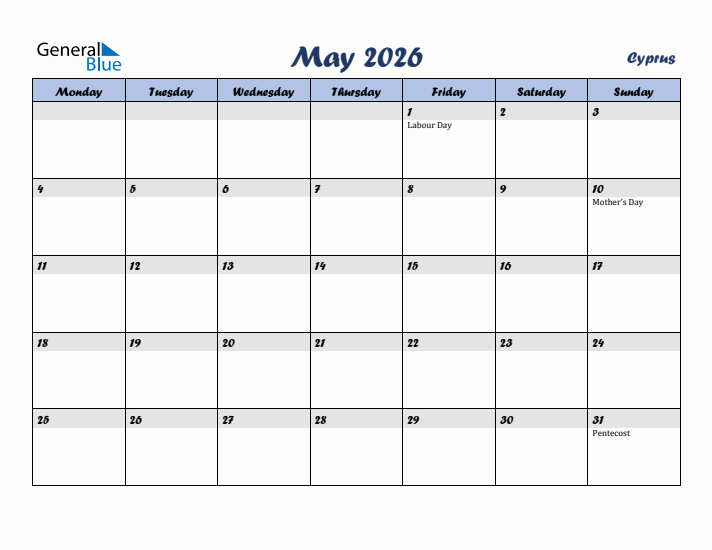 May 2026 Calendar with Holidays in Cyprus