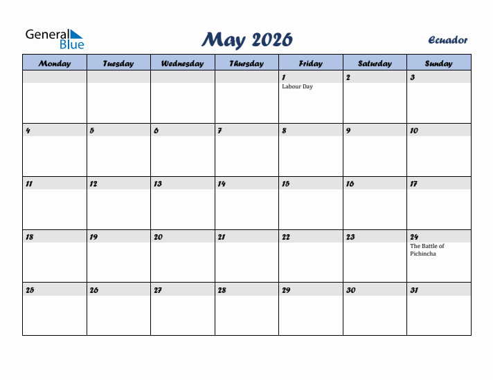 May 2026 Calendar with Holidays in Ecuador