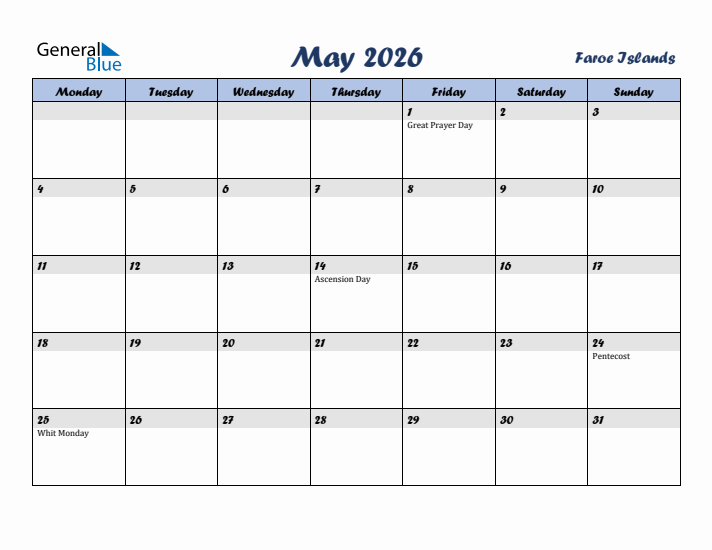 May 2026 Calendar with Holidays in Faroe Islands