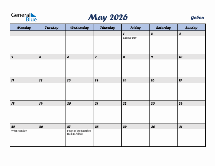 May 2026 Calendar with Holidays in Gabon