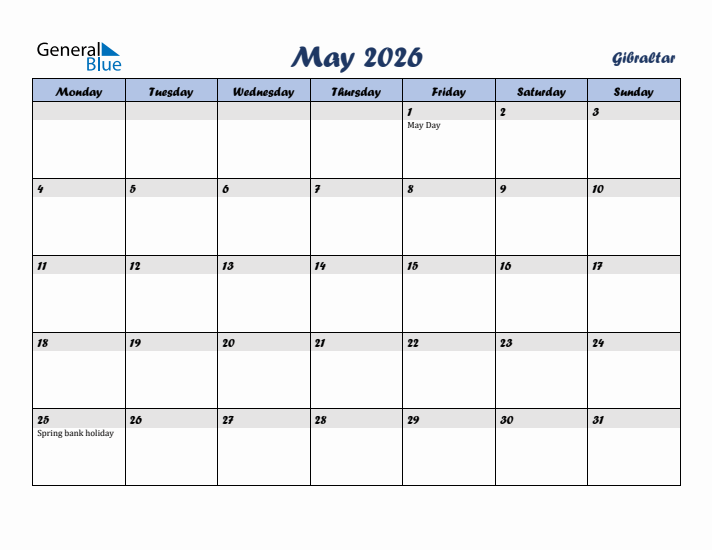 May 2026 Calendar with Holidays in Gibraltar