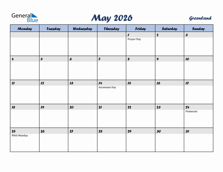 May 2026 Calendar with Holidays in Greenland