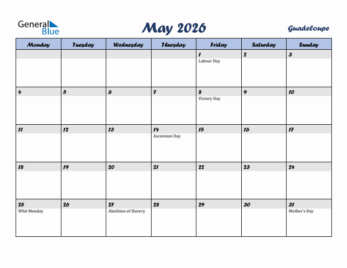 May 2026 Calendar with Holidays in Guadeloupe