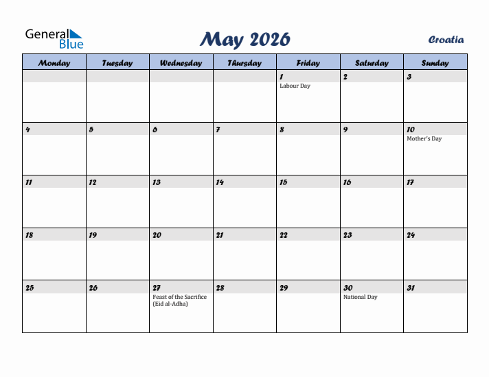 May 2026 Calendar with Holidays in Croatia