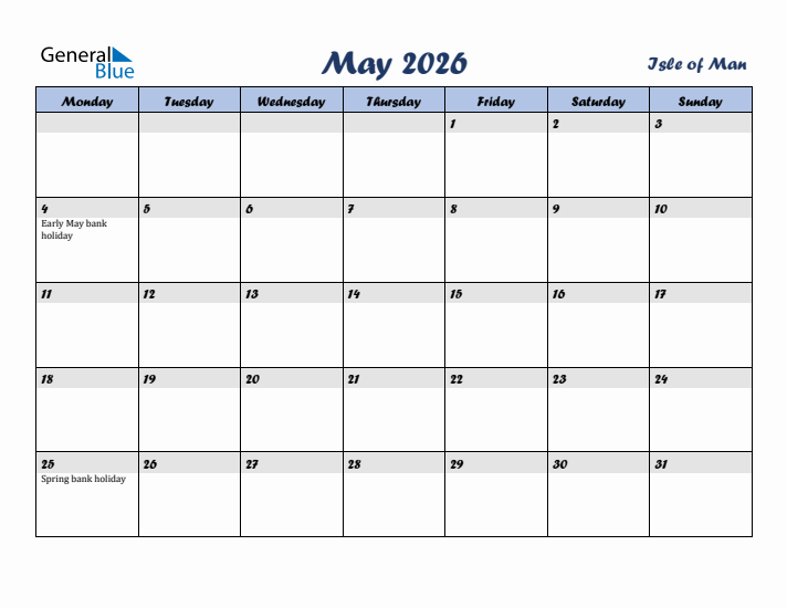May 2026 Calendar with Holidays in Isle of Man