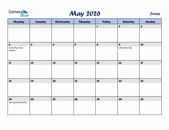 May 2026 Calendar with Holidays in Jersey