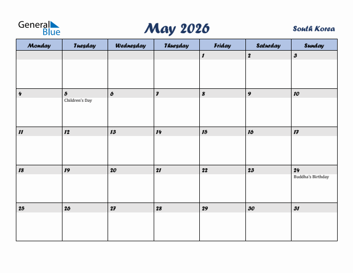 May 2026 Calendar with Holidays in South Korea